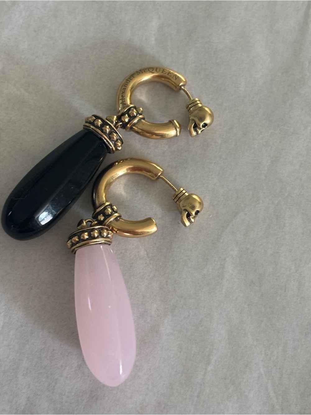 Alexander McQueen Gold Hoop Earrings with Pink and Black Teardrops - Picture 2 of 6